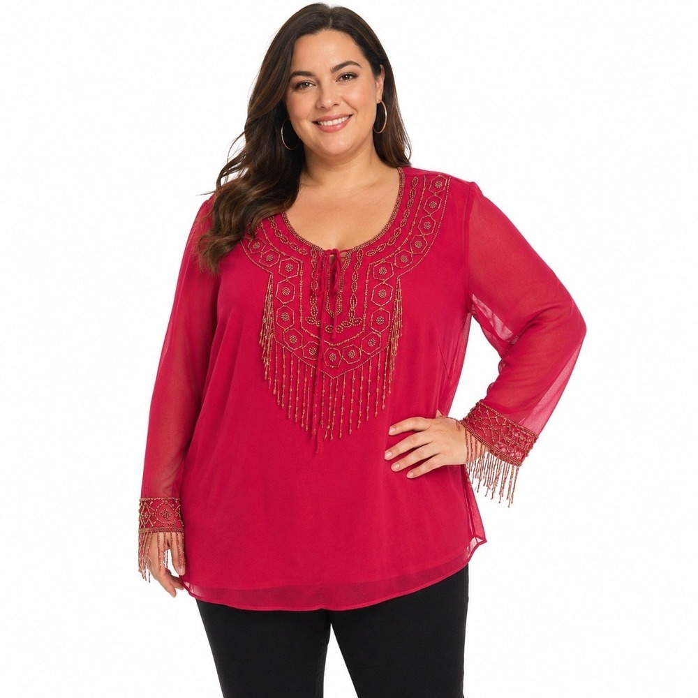 Original Anthony 1X Red Beaded Mesh Tunic Top Boho Fringe Sheer Long Sleeve